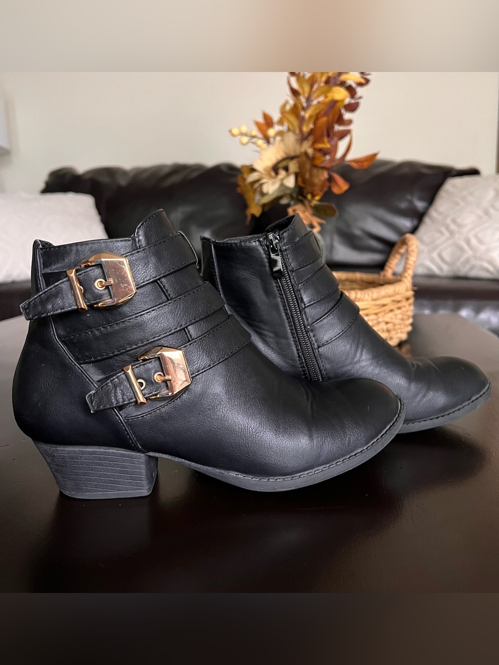 Women's Black Buckle Ankle Boots - Classic Leather Look